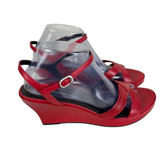 Etienne Aigner Felicity Red Leather Strappy Ankle Strap Wedge Heels Size 9.5 - Picture 3 of 6